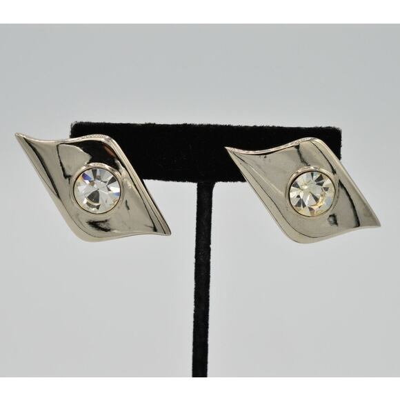 Givenchy Clip On Earrings Rhinestone Crystal Chunky Silver Tone Runway Signed 9M - Picture 1 of 8